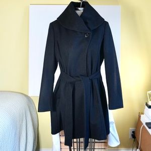 Retro Wool Coat Women Sz M Black Belted Wrap Style Knee Length Wide Collar
